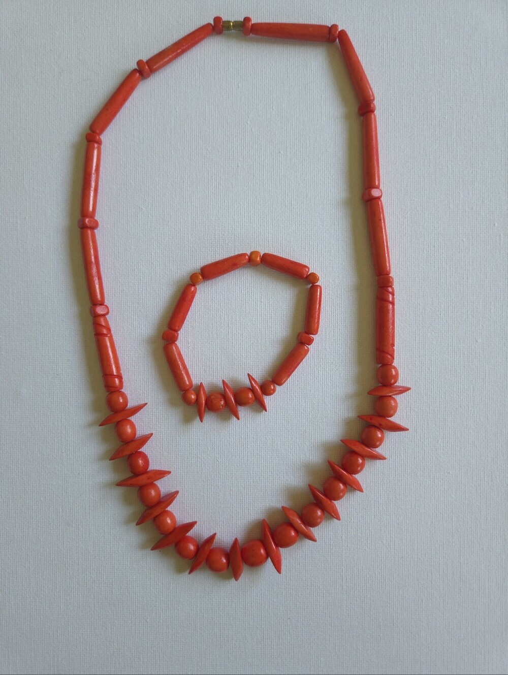 Vintage Orange Dyed Coral Look Resin Bead Necklace & Bracelet Set, Retro Tiki Bo